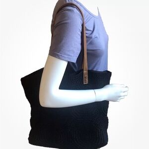 Straw Studios Black Crochet Bag With Brown Shoulder Straps